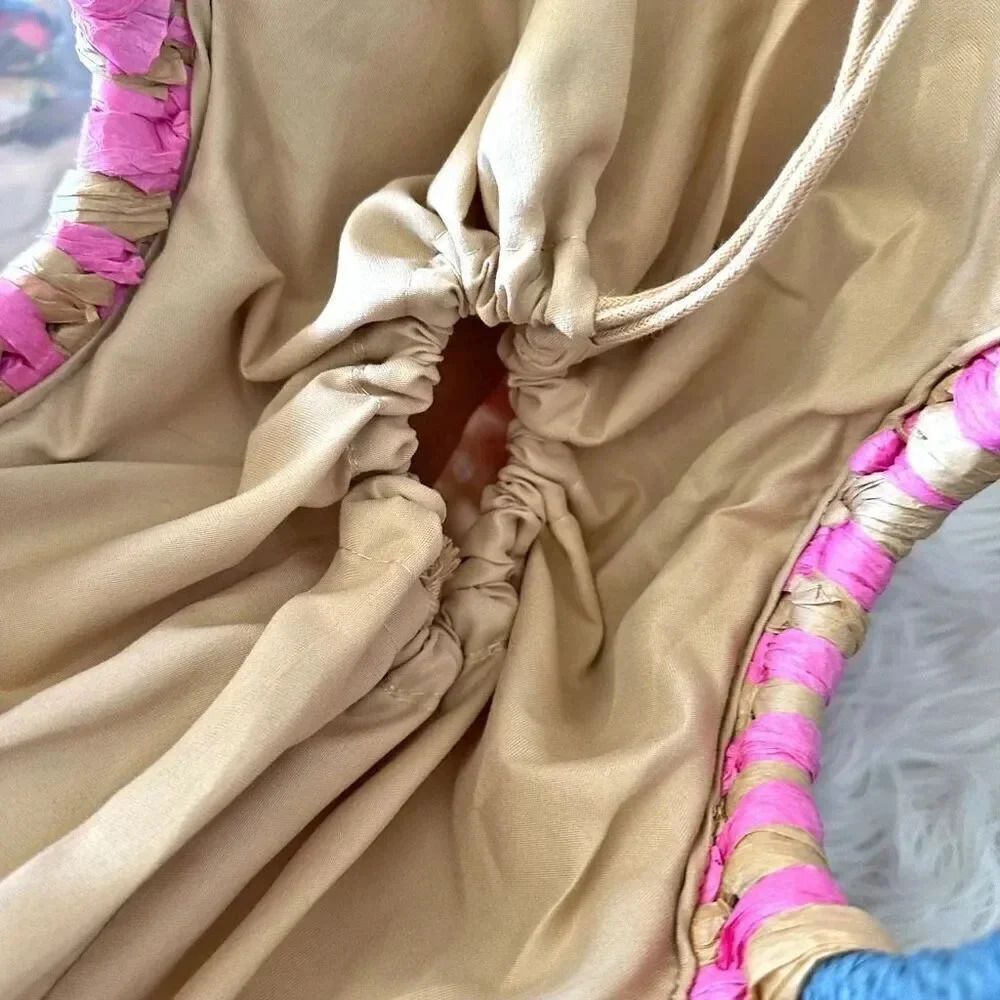3 AM FOREVER BOUTIQUE | Straw Purse Bag Blue Tan Pink Lined Drawstring - Picture 6 of 6